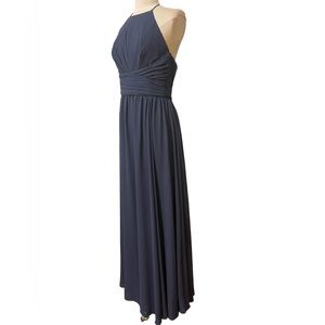 - Amsale halter-neck dress with pleating across the bodice and waistband